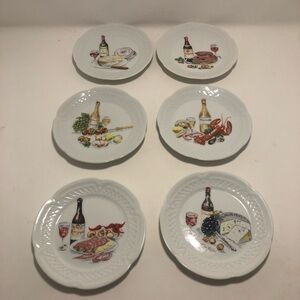 Lourioux Porcelain Appetizer Plates with Wine and Food Motifs - Set of 6